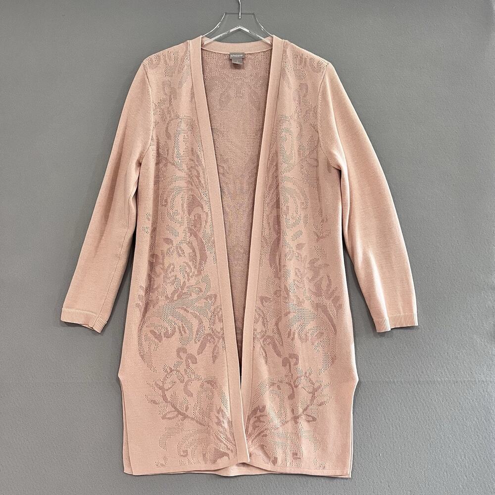 Chico's Cardigan Sweater Size 2/Large Orange Blush Open Front Long Duster